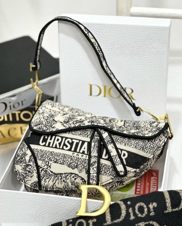 Dior Saddle Black Toile de Jouy Embroidery With OG Box & Dust Bag (Black Tiger-129) (BSB)