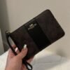 Coach Corner Zip Wristlet in Signature Brown Canvas With Black Stripe With OG Box_& Dust Bag 103(LB)