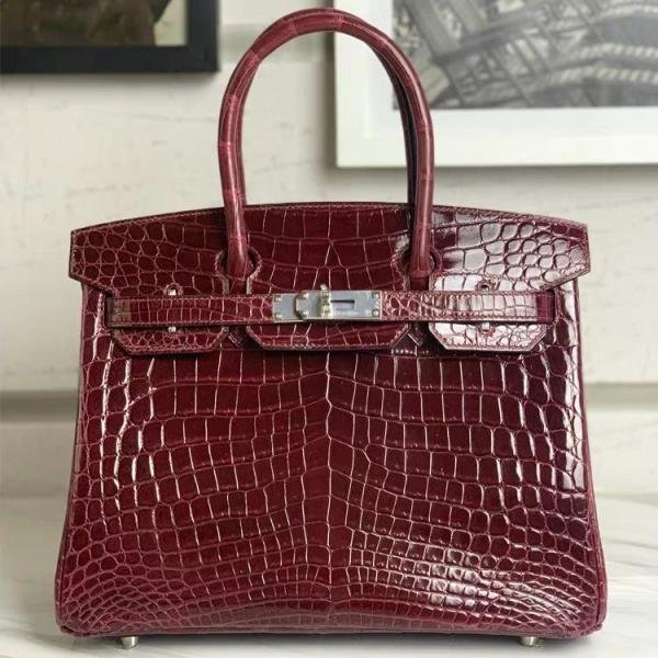 Herms Birkin HSS 25 Noir (wine-Red)Bleu Saphir Crocodile Porosus Lisse Palladium Hardware 6002